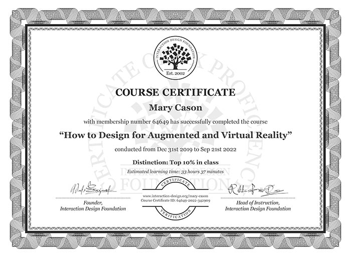 course certificate how to design for augmented and virtual reality